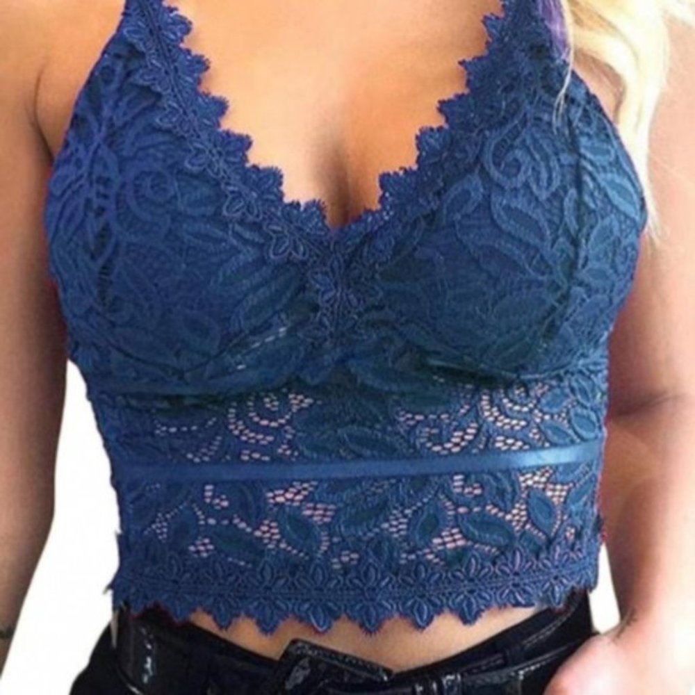 LAST ONE ! Blue Deep V Lace Bralette Crop Top